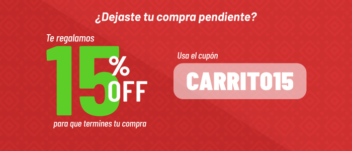 Te regalamos 15% Off para que termines tu compra. Usa el cupón: CARRITO15